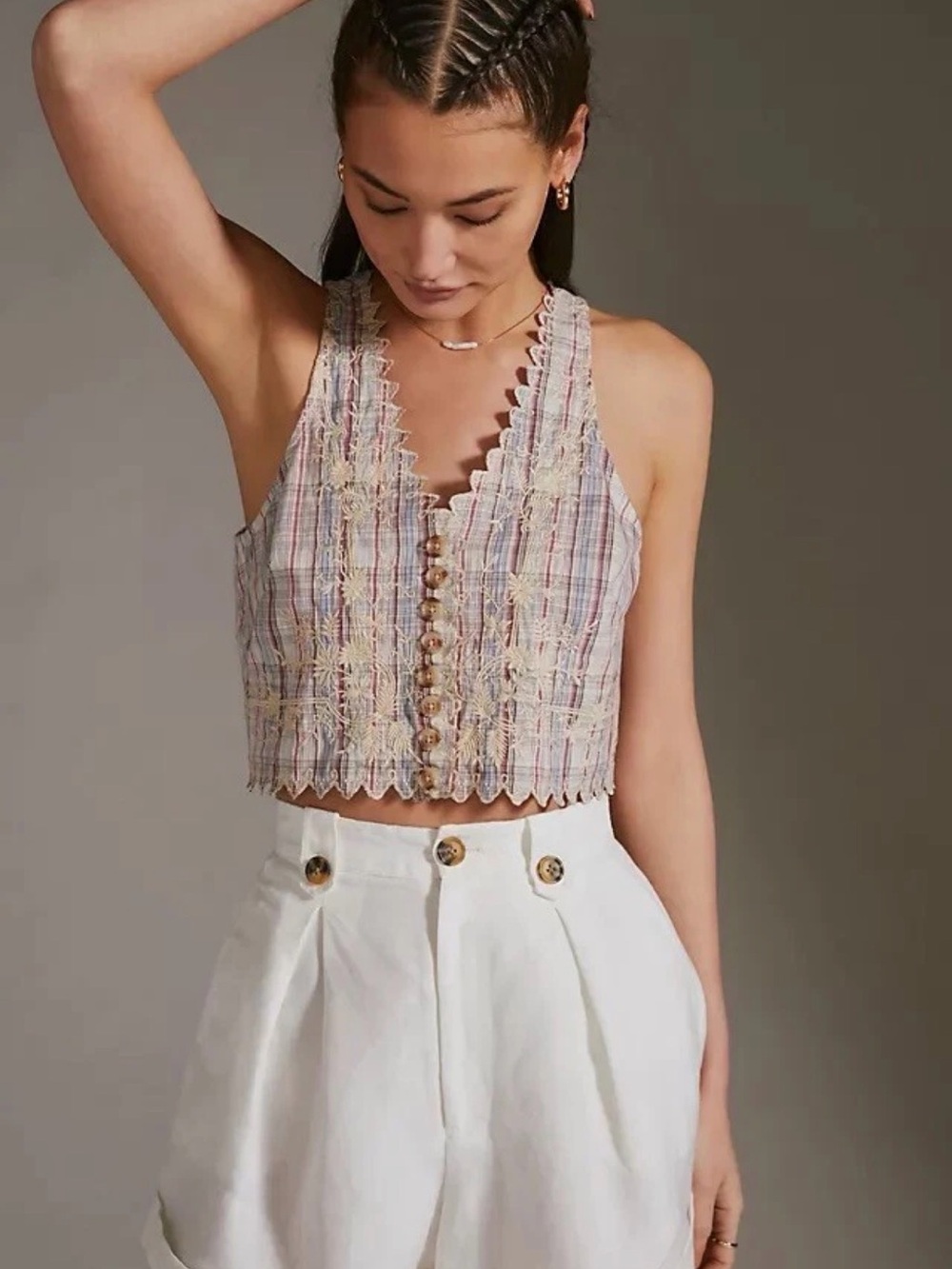 Anthropologie Plaid Button Front Vest 100% Cotton Women’s Size 2 Orig $130
